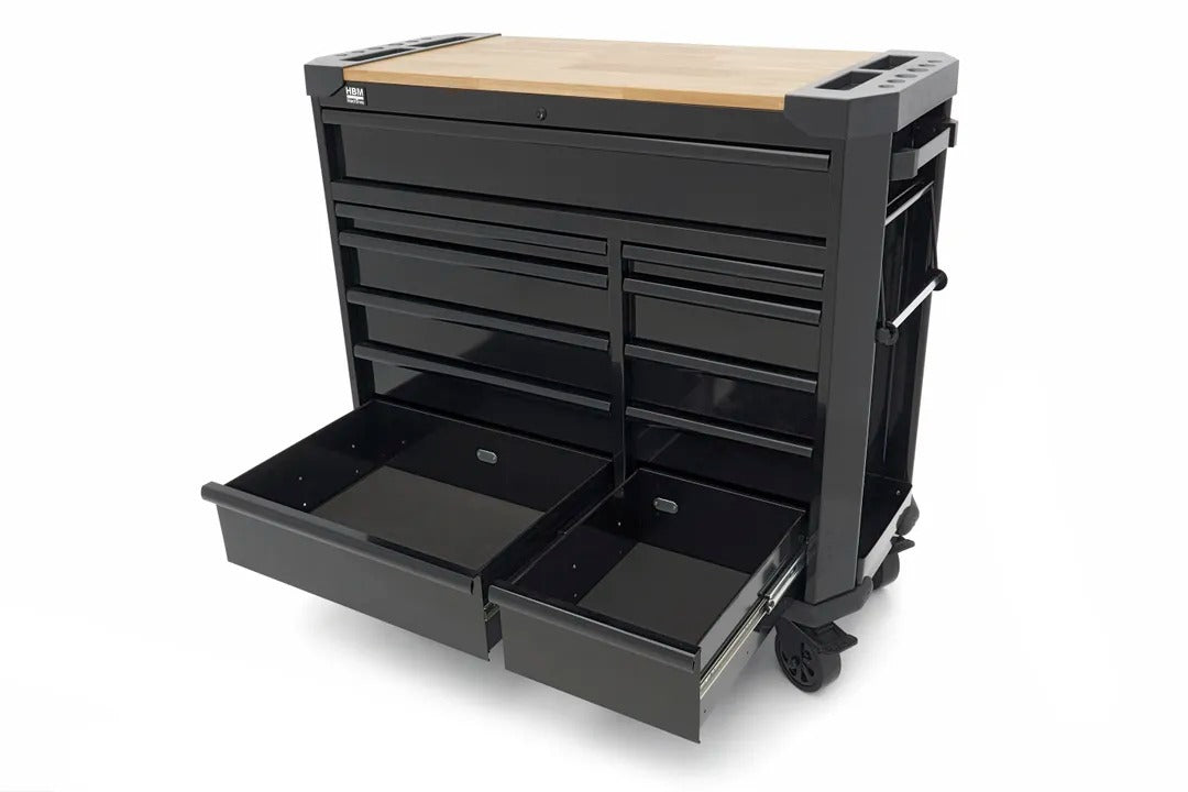 Carrello portautensili metallico professionale officina con 11 cassetti e ruote-mobile 109 cm con piano di lavoro in legno massiccio HBM Machines