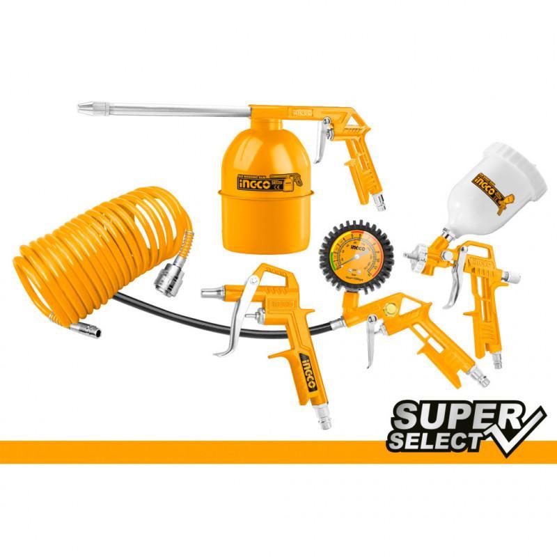 Kit 5 accessori per compressore, inclusi gonfiagomme con manometro, pistola di soffiaggio, pistola a spruzzo per vernice, tubo a spirale, set kit accessori compressore, Ingco