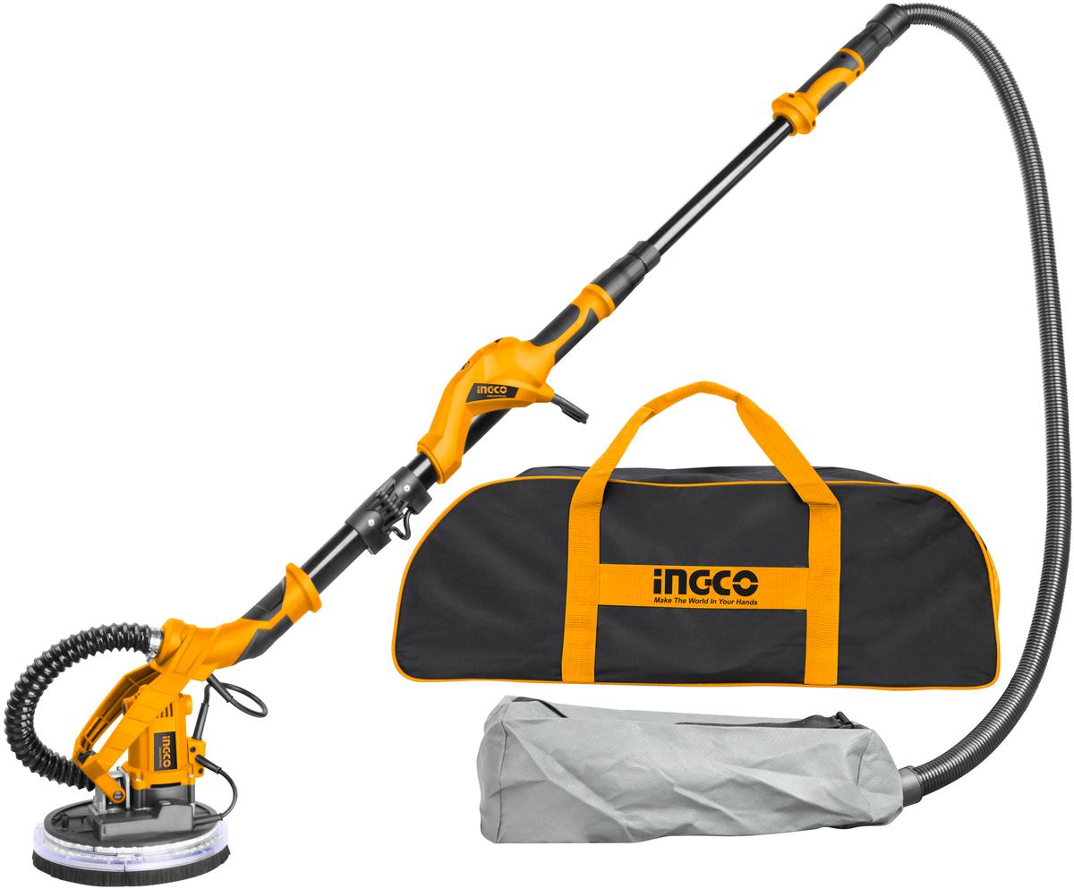 Levigatrice elettrica per lavorazione pareti e soffitti 1050 W con manico telescopico pieghevole allungabile, luce LED, velocità variabile, dischi abrasivi 225mm, Ingco