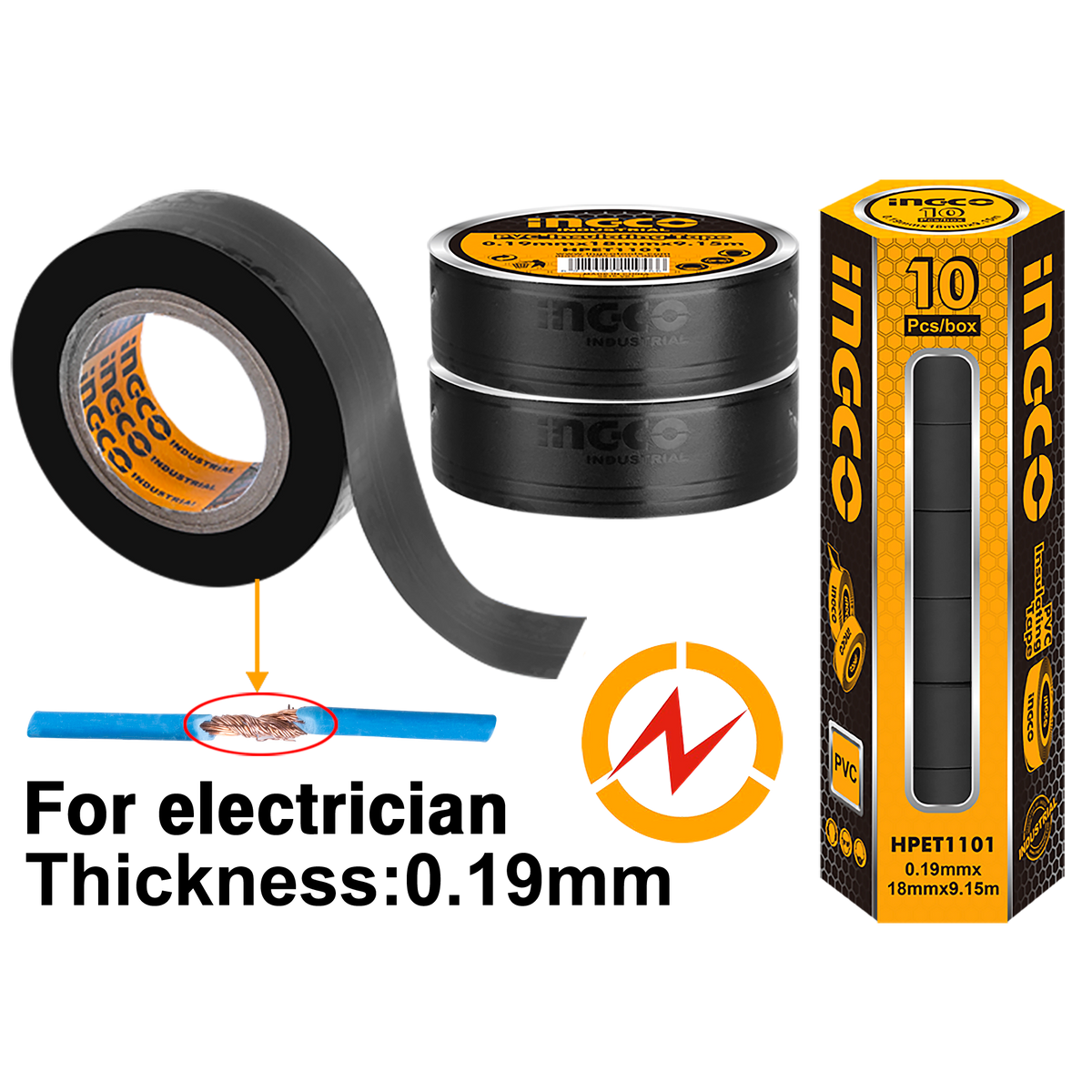 Nastro isolante elettrico, forte adesivo, impermeabile, resistente all'umidità, nastro da elettricista per progetti di cablaggio e riparazioni nero, 18 mm × 9,15 m Ingco