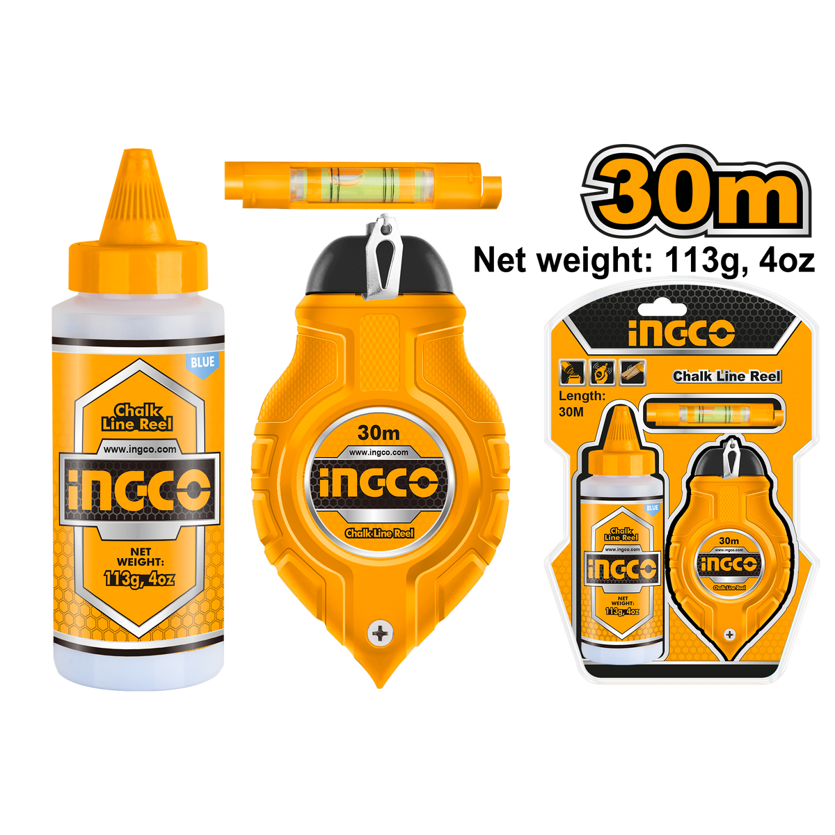 Tracciatore a filo da 30m con gesso (113g) - facile da pulire per marcature temporanee - linea robusta per linee precise, kit per tracciatura muratore, Ingco