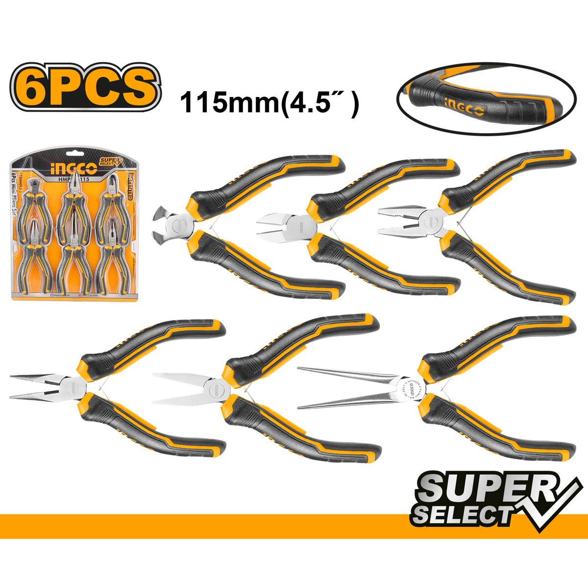 Set di 6 mini pinze, tra cui pinze combinate da 4,5" pollici, pinze da taglio diagonale, pinze a becco lungo, pinze a becco lungo, pinze a becco piatto, pinze per taglio finale, in acciaio Cr-V 115 mm Ingco