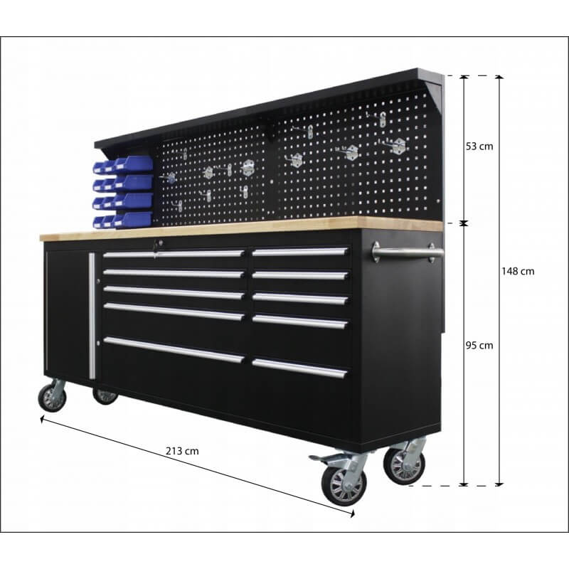 Banco da lavoro mobile con piano in legno 214 cm con 11 cassetti e 3 pannelli a parete porta utensili per officina falegname fai-da-te