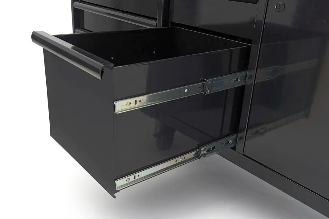 Carrello portautensili metallico professionale officina con 10 cassetti e ruote-mobile 147 cm con piano di lavoro in legno massiccio HBM Olanda