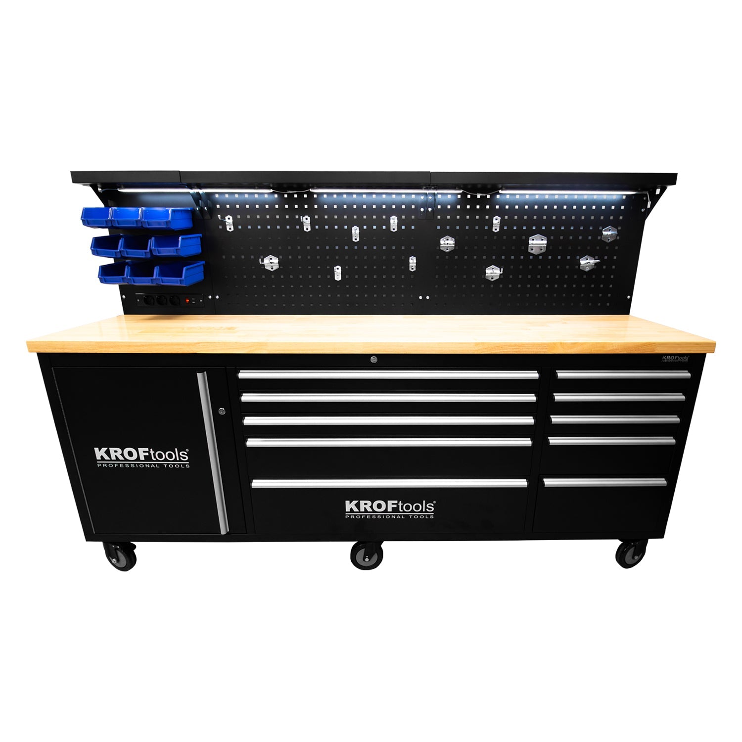 Banco da lavoro professionale con 10 cassetti, ripiani, portautensili, in metallo,nero, con pianale in legno massiccio, arredamento officina con pannello da parete forato e illuminato LED, con ganci e prese USB 230V, 213 cm