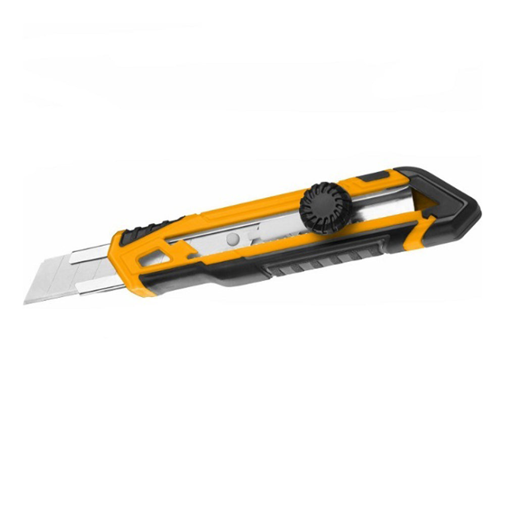 Taglierino-cutter retrattile con impugnatura in gomma e rotella di serraggio, Ingco