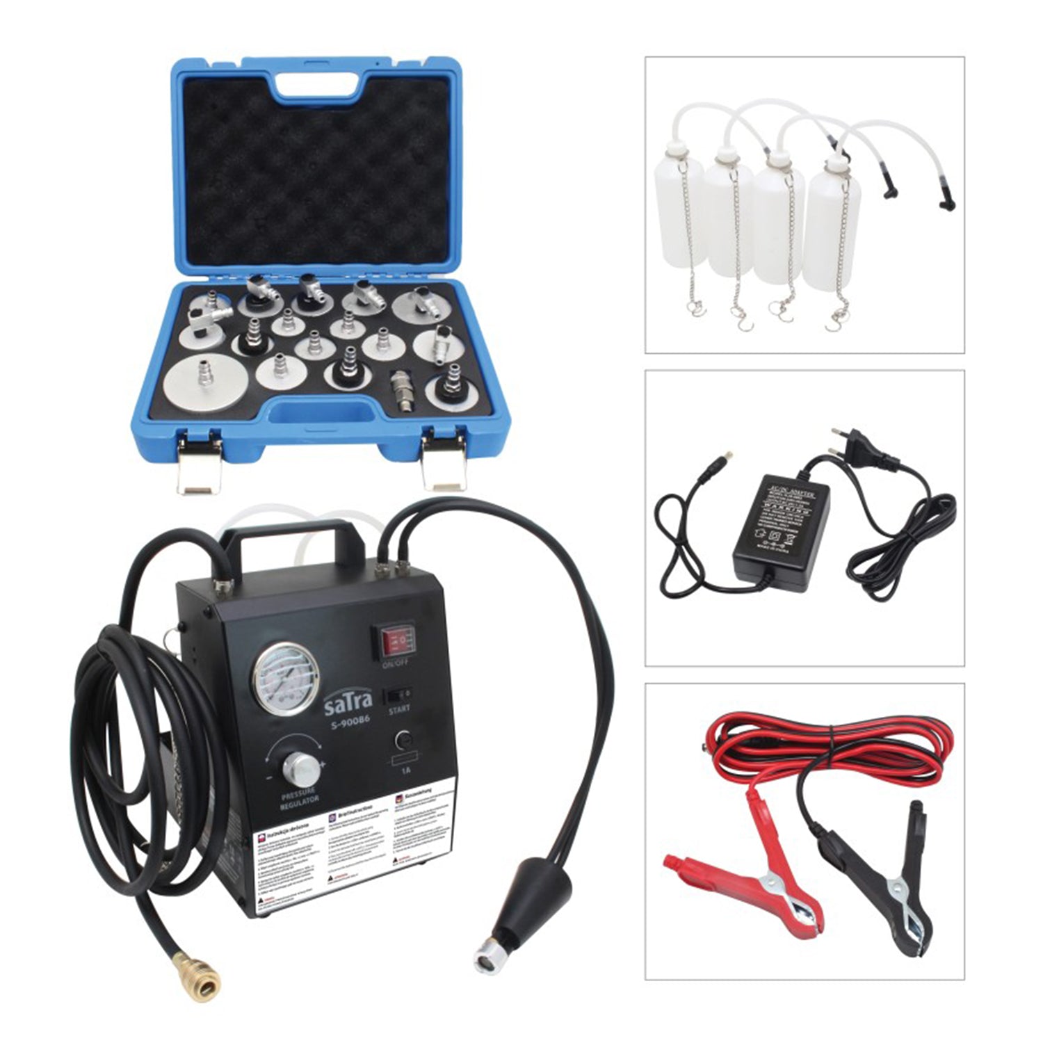 Spurgo freni auto, 230v, pressione regolabile, kit cambio liquido freni e frizione con 17 adattatori, spurgo freni elettrico kit, kit di spurgo automatico del fluido freno con bottiglie di estrazione da 1 l, adatto alla maggior parte dei veicoli, Satra