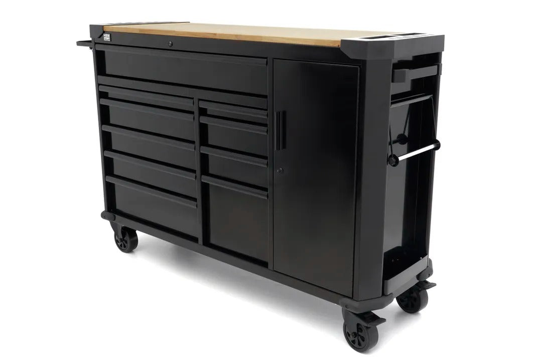 Carrello portautensili metallico professionale officina con 10 cassetti e ruote-mobile 147 cm con piano di lavoro in legno massiccio HBM Olanda