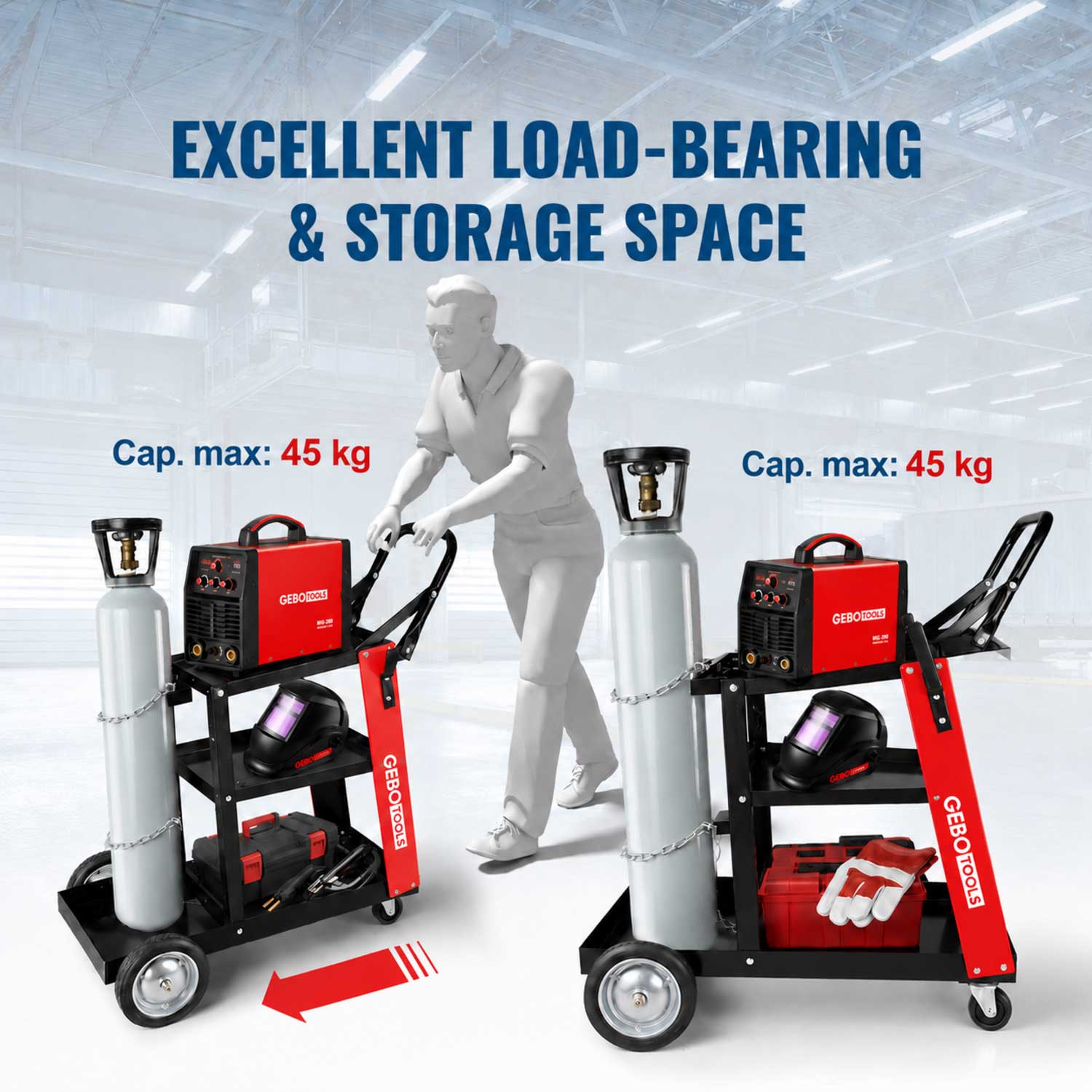 Carrello metallico per saldatura, a 3 ripiani, trasporto saldatrice con ruote, carico 45 kg, stazione mobile per attrezzatura per saldare, da officina,705 x 420 x 775 mm Gebo Tools