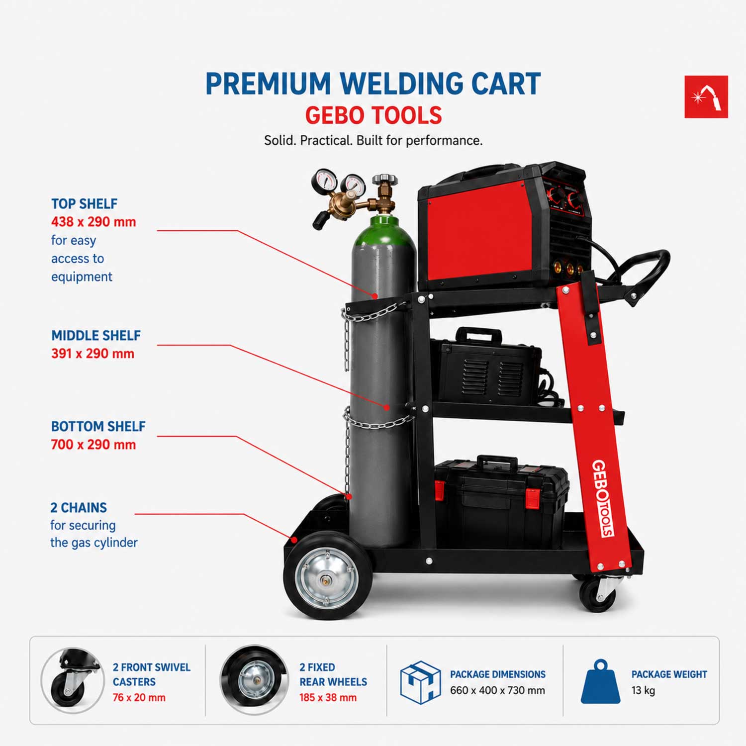 Carrello metallico per saldatura, a 3 ripiani, trasporto saldatrice con ruote, carico 45 kg, stazione mobile per attrezzatura per saldare, da officina,705 x 420 x 775 mm Gebo Tools