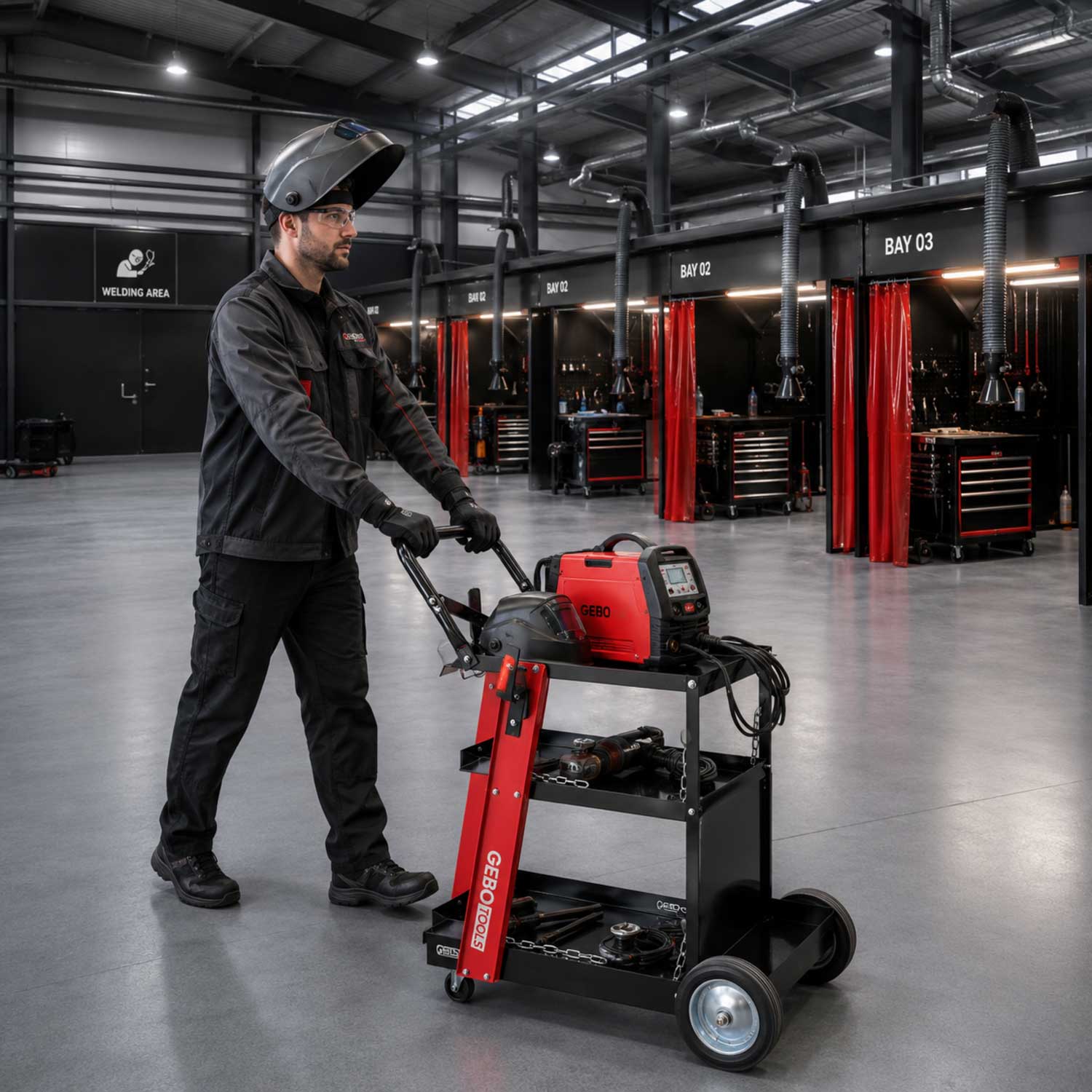 Carrello metallico per saldatura, a 3 ripiani, trasporto saldatrice con ruote, carico 45 kg, stazione mobile per attrezzatura per saldare, da officina,705 x 420 x 775 mm Gebo Tools