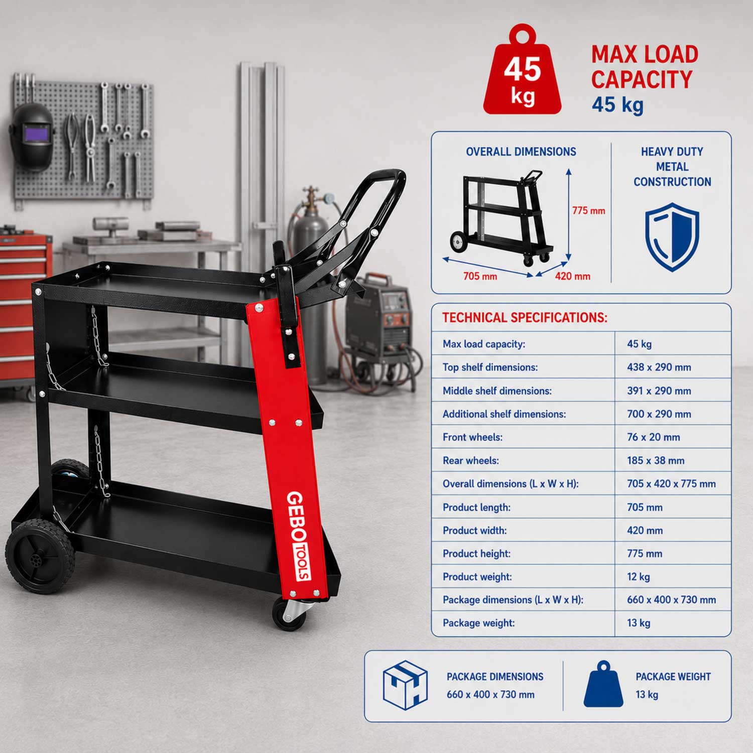 Carrello metallico per saldatura, a 3 ripiani, trasporto saldatrice con ruote, carico 45 kg, stazione mobile per attrezzatura per saldare, da officina,705 x 420 x 775 mm Gebo Tools