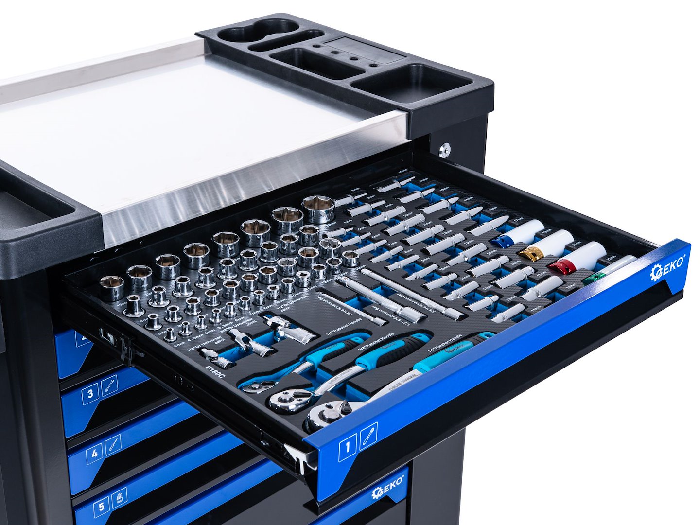 Carrello porta attrezzi / portautensili completo di 258 utensili 7 cassetti, 7 moduli inserti, inclusi, Geko