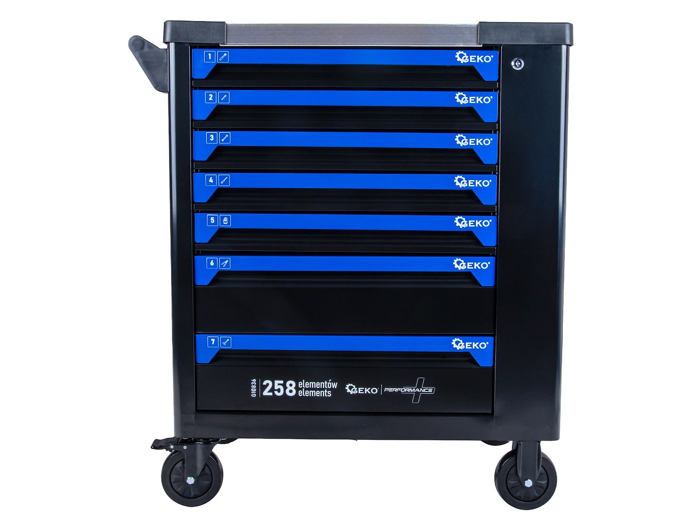 Carrello porta attrezzi / portautensili completo di 258 utensili 7 cassetti, 7 moduli inserti, inclusi, Geko