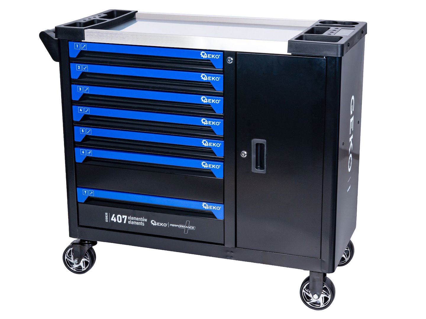 Carrello porta attrezzi / portautensili completo di 407 utensili 7 cassetti, 7 moduli inserti, inclusi, Geko
