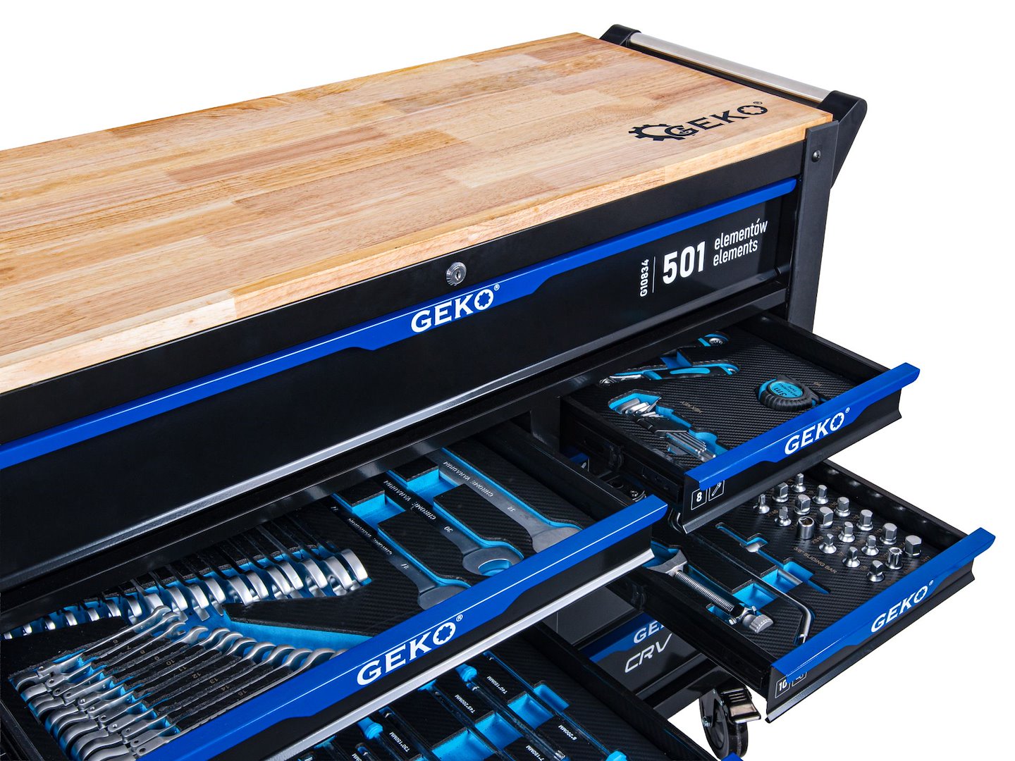 Carrello porta attrezzi / portautensili completo di 501 utensili 12 cassetti, 10 moduli inserti, inclusi, Geko