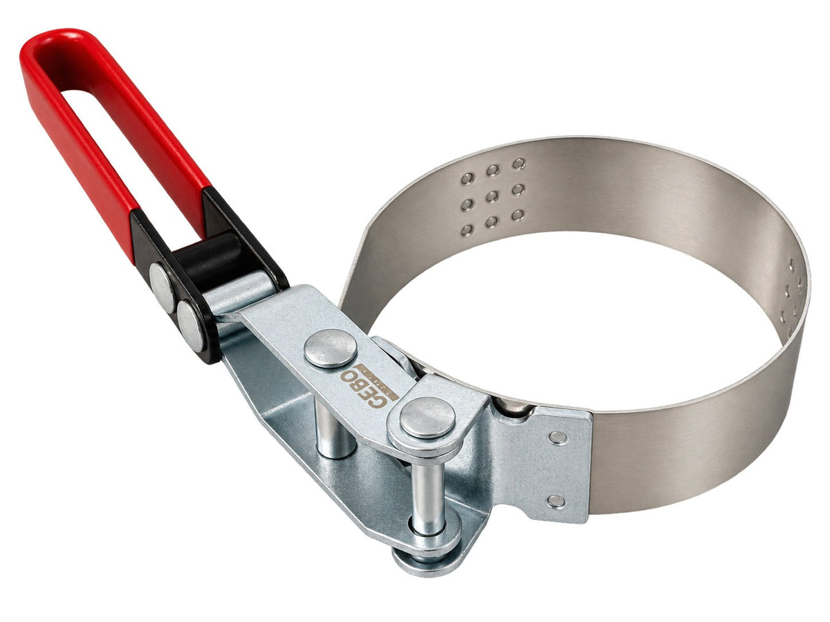 Chiave per filtro olio con cinghia-nastro regolabile, campo di serraggio 73–85 mm, strumento universale per la rimozione con fascia metallica per auto e camion, Gebo Tools