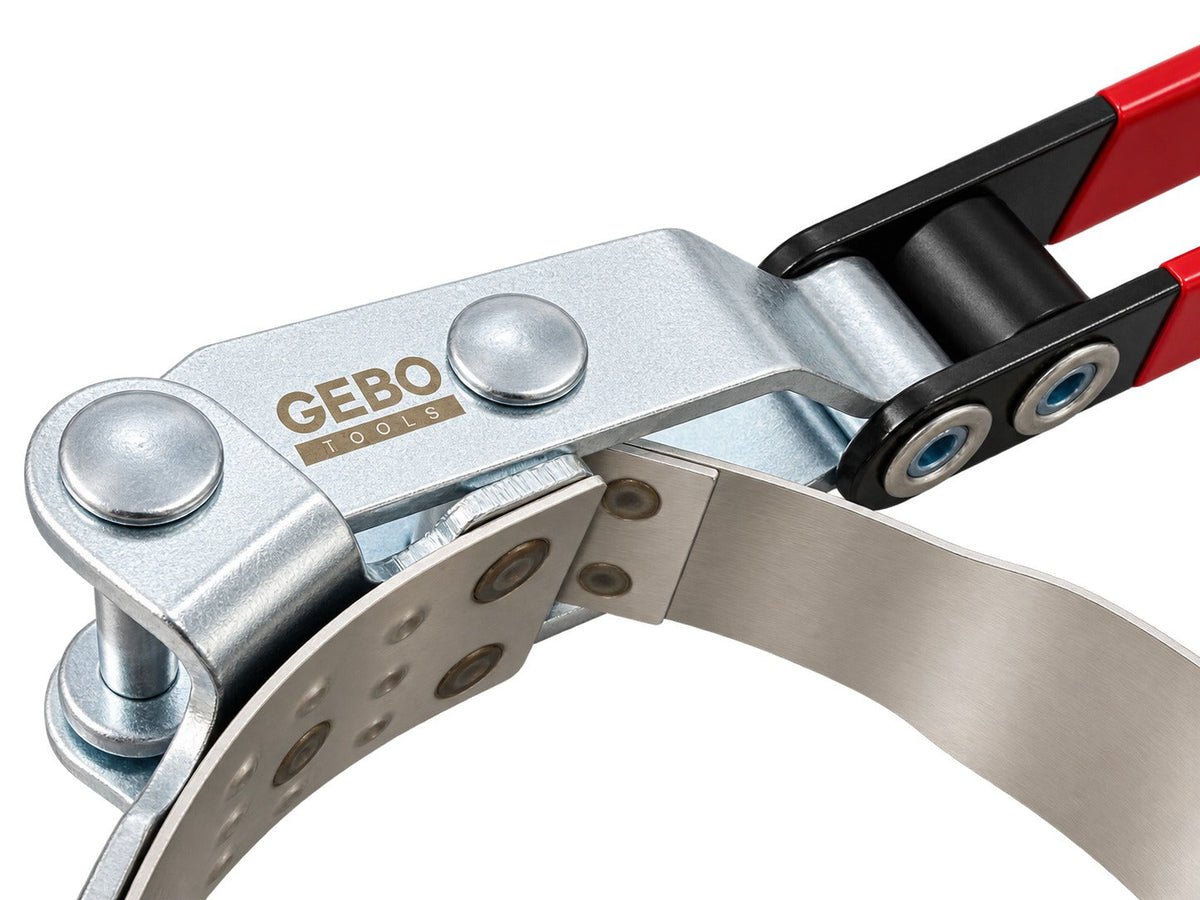 Chiave per filtro olio con cinghia-nastro regolabile, campo di serraggio 73–85 mm, strumento universale per la rimozione con fascia metallica per auto e camion, Gebo Tools