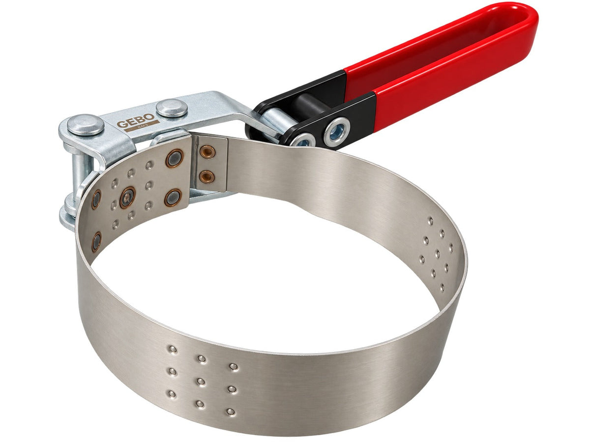 Chiave per filtro olio con cinghia-nastro regolabile, campo di serraggio 73–85 mm, strumento universale per la rimozione con fascia metallica per auto e camion, Gebo Tools
