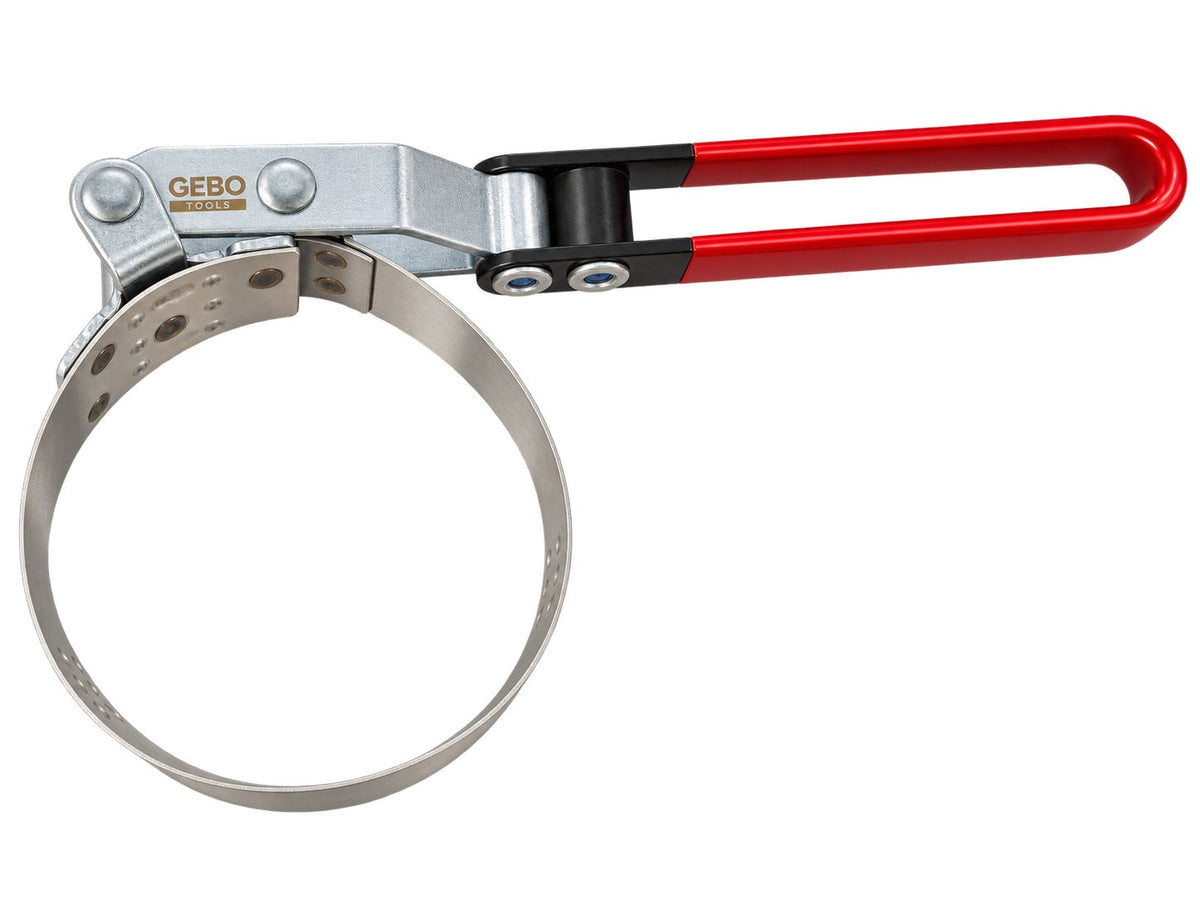 Chiave per filtro olio con cinghia-nastro regolabile, campo di serraggio 73–85 mm, strumento universale per la rimozione con fascia metallica per auto e camion, Gebo Tools