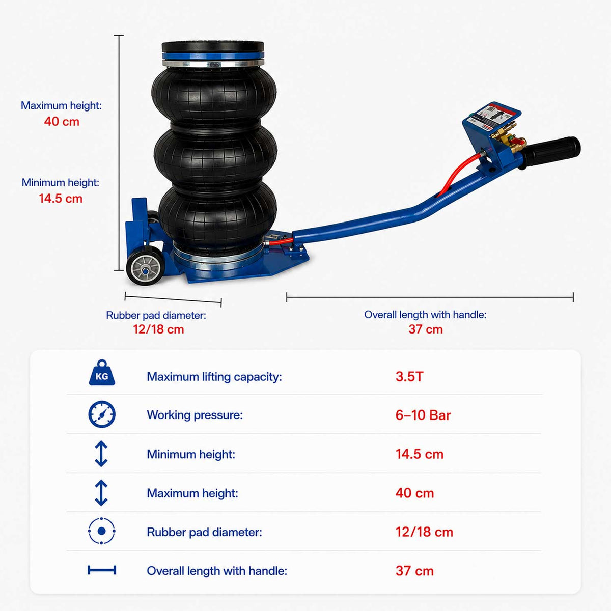 Cric ad aria compressa, 3, 5 tonnellate, airbag, pneumatico ,sollevamento con maniglia corta per auto, garage, 14, 5-40 cm, Gebo Tools