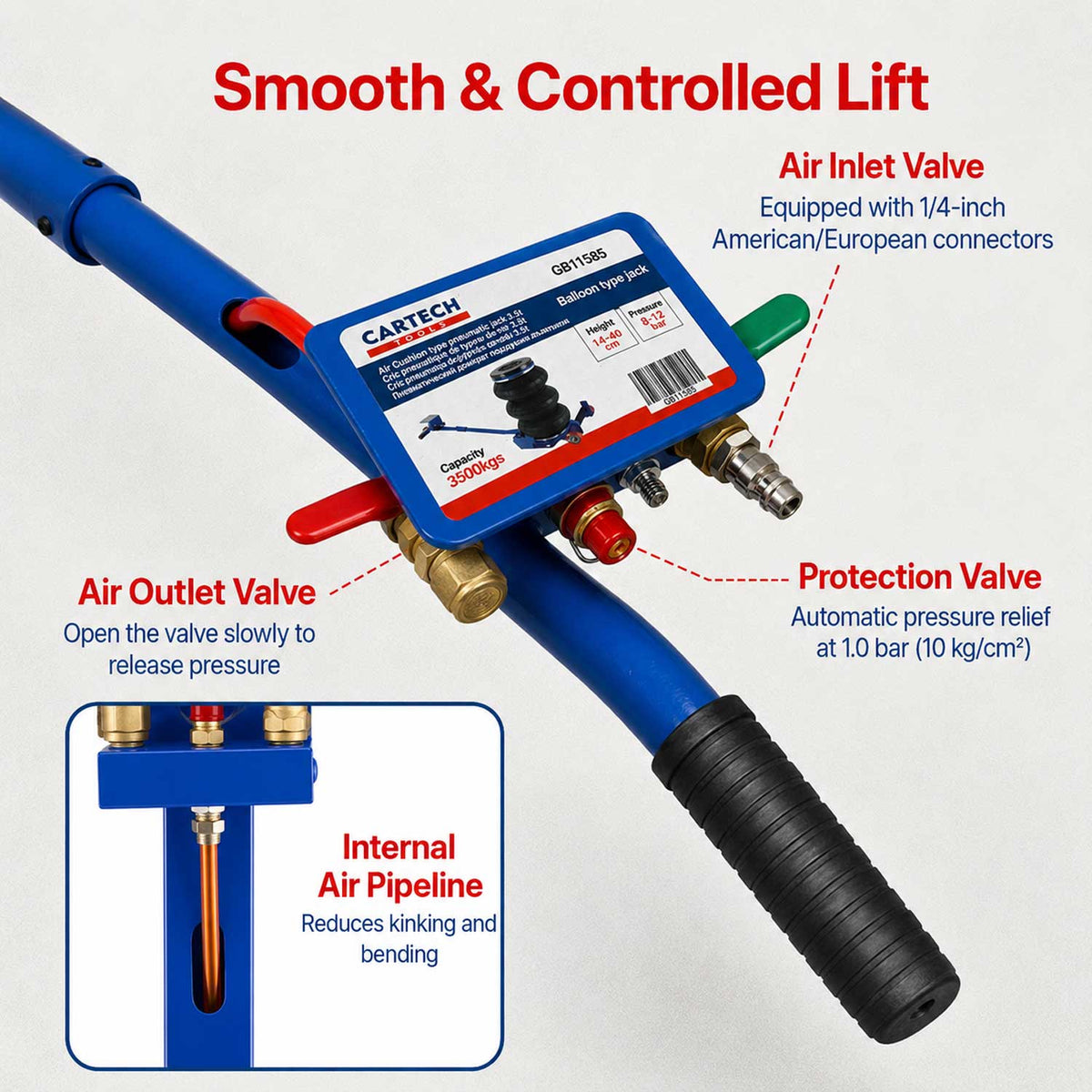 Cric ad aria compressa, 3, 5 tonnellate, airbag, pneumatico,sollevamento con maniglia per auto, garage, 14, 5-40 cm, Gebo Tools