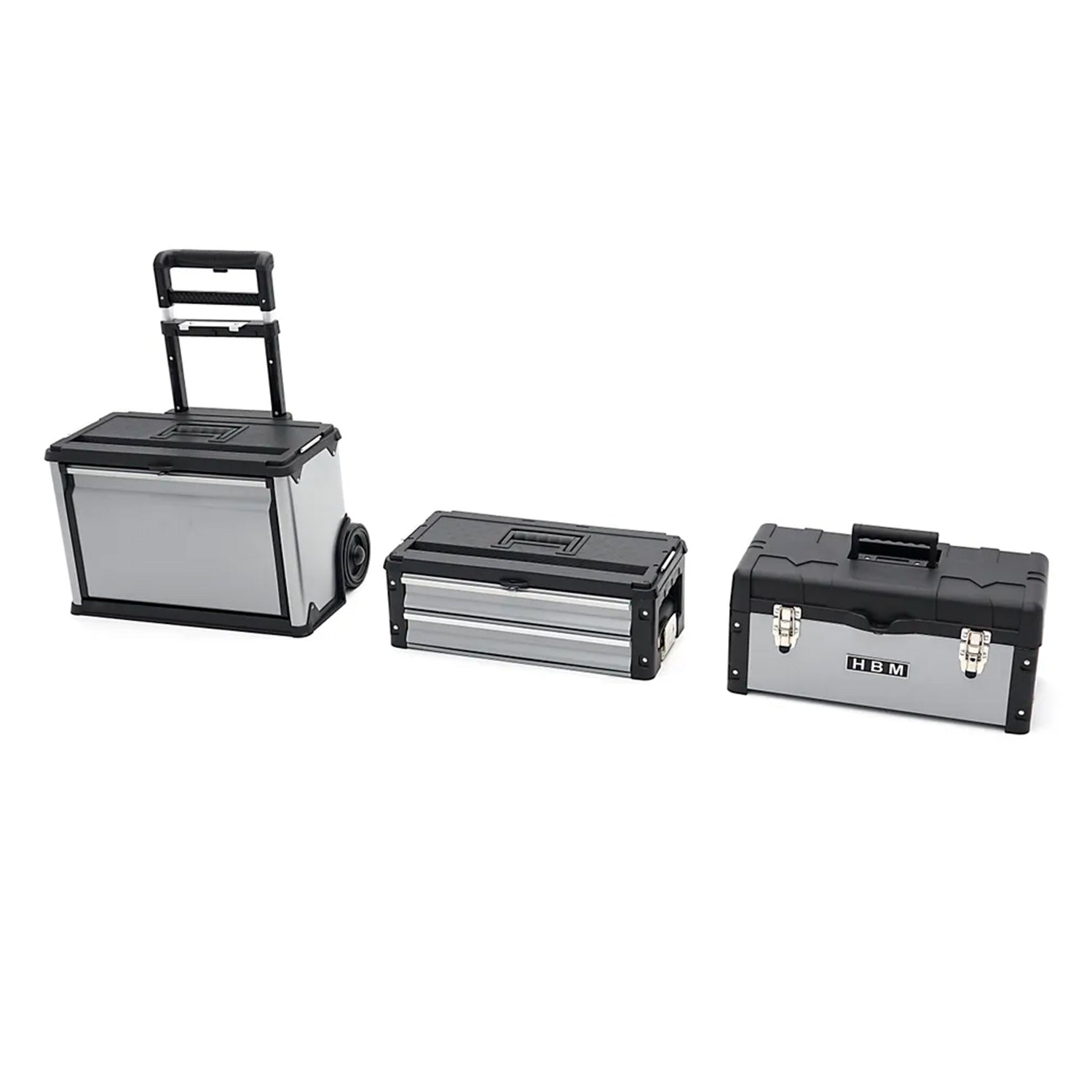Set di scatole, set di cassette degli attrezzi su ruote, pratico e spazioso, resistente ai danni, materiale robusto, struttura modulare, 3 pezzi cassettiere portautensili modulari in acciaio con ruote e maniglia telescopica, Hbm