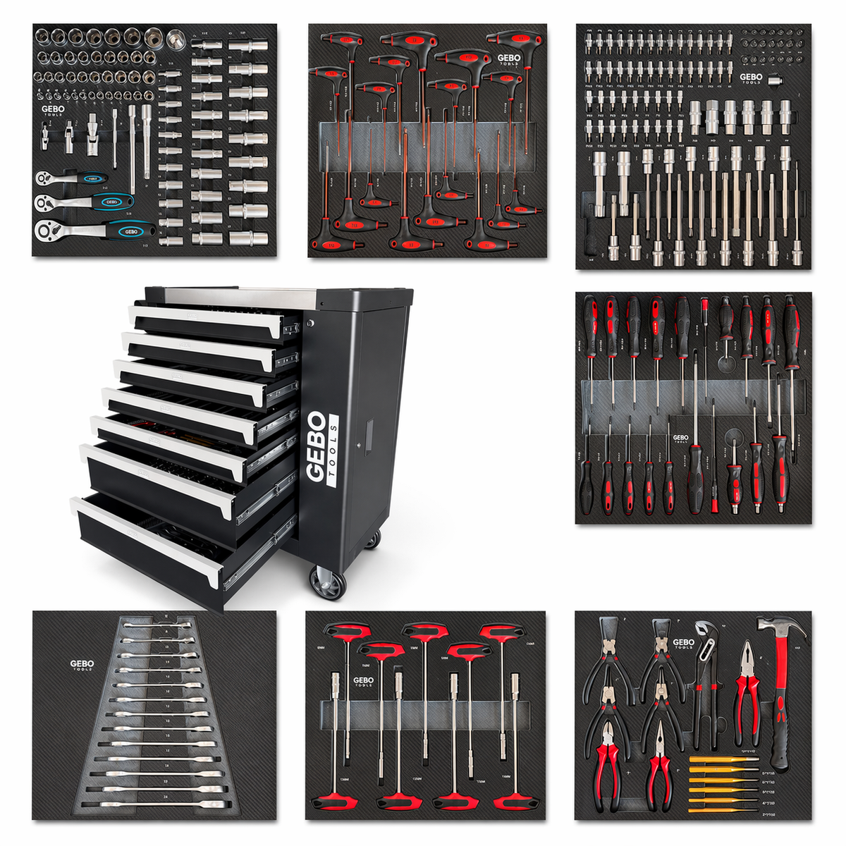 Armadio professionale attrezzato a 7 cassetti, 7 moduli, in carbonio, carrello portautensili ,cassetta porta attrezzi mobile con 262 utensili Gebo Tools