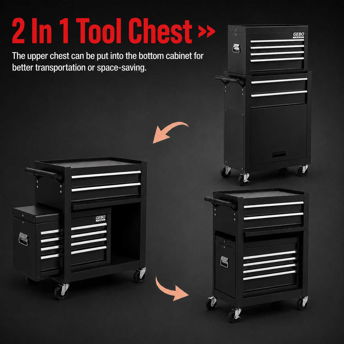 Armadio metallico senza attrezzi a 2 pezzi,con 6 cassetti a ripiano rimovibile ,carrello portautensili , cassetta portattrezzi mobile,nero, Gebo Tools