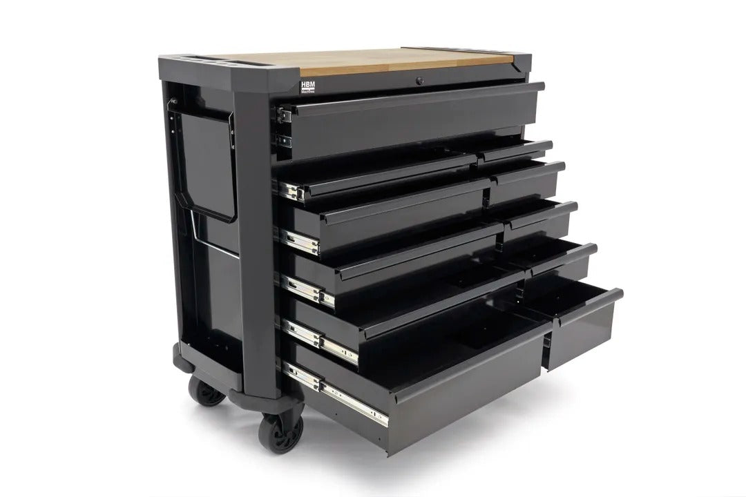Carrello portautensili metallico professionale officina con 11 cassetti e ruote-mobile 109 cm con piano di lavoro in legno massiccio HBM Machines