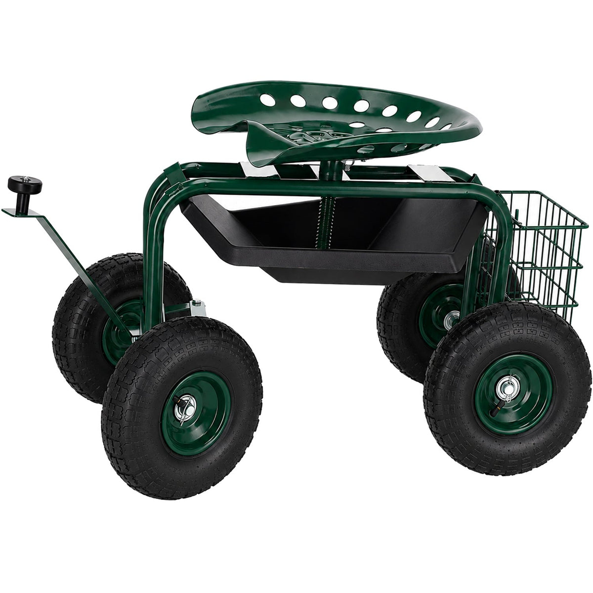 Carrello da giardino a rotelle e con sedile girevole 360°