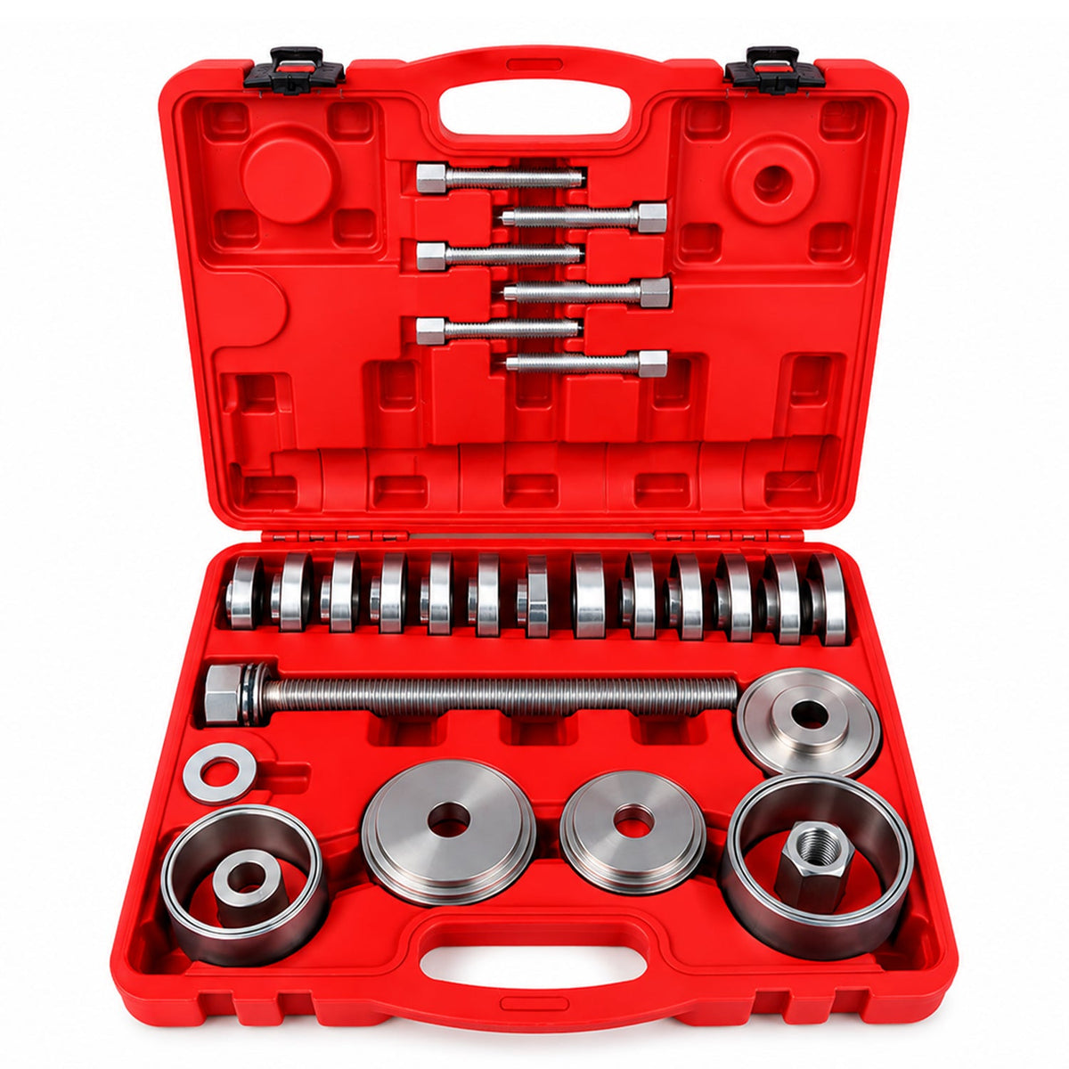 Set-kit estrattore per boccole e cuscinetti dei mozzi ruota e dei fuselli, adattatori 50–102 mm, 34 pezzi Gebo Tools