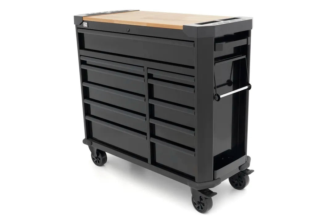 Carrello portautensili metallico professionale officina con 11 cassetti e ruote-mobile 109 cm con piano di lavoro in legno massiccio HBM Machines