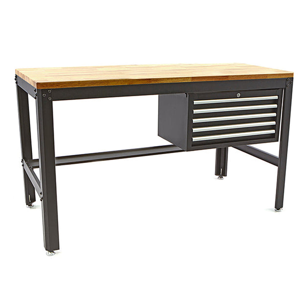 Banco da lavoro professionale con cassettiera-5 cassetti e piano in legno 155 cm
