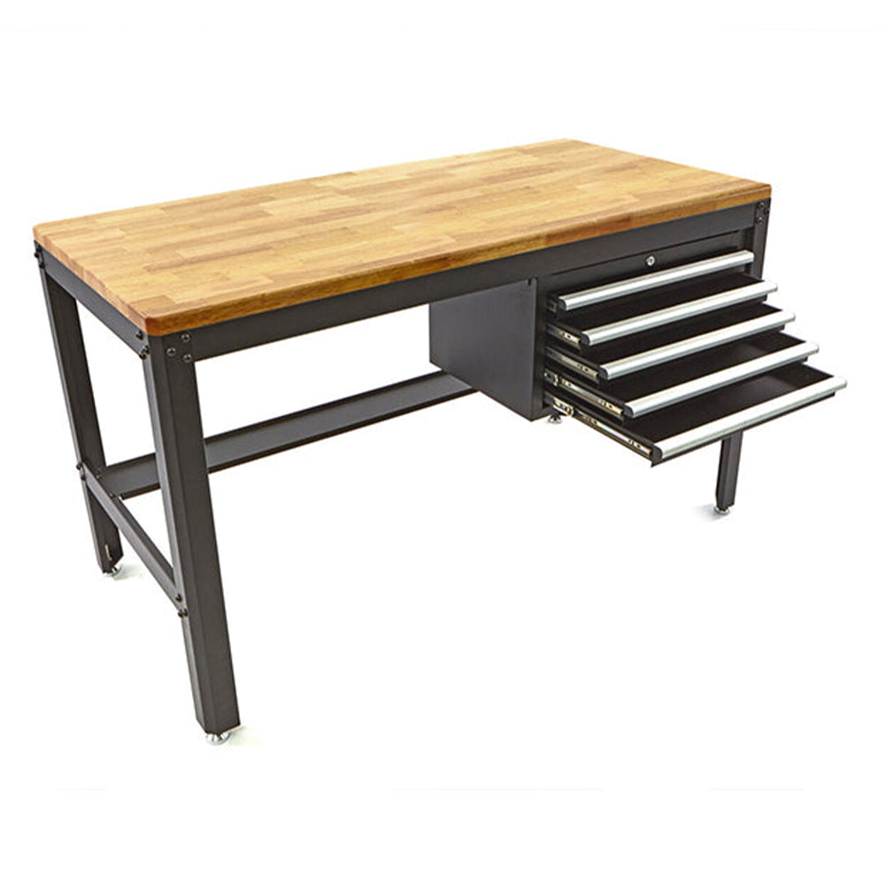 Banco da lavoro professionale con cassettiera-5 cassetti e piano in legno 155 cm