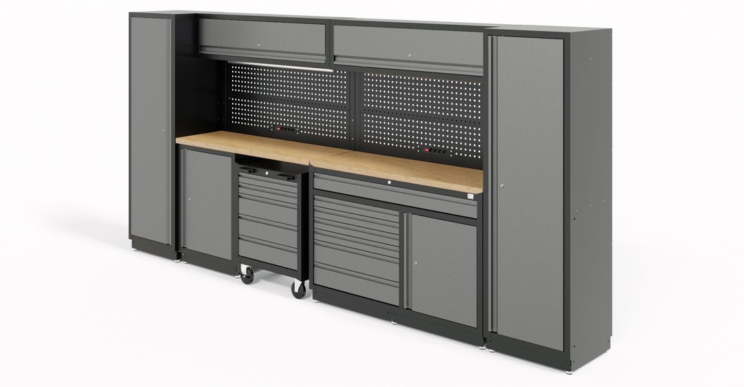 Arredamento modulare per officina, set per officina, professionale, 420 cm – 13 pezzi con LED e piano in legno massiccio– Hbm Olanda