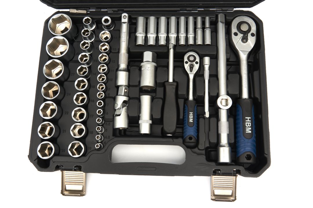 Valigetta utensili professionale 108 pezzi, serie di chiavi a bussola in acciaio al carbonio, torx cricchetti, prolunghe, kit attrezzi per auto, officina fai-da-te con attacchi 1/2" e 1/4", Hbm Machines