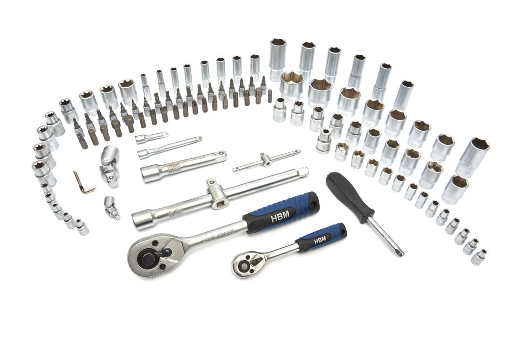Valigetta utensili professionale 108 pezzi, serie di chiavi a bussola in acciaio al carbonio, torx cricchetti, prolunghe, kit attrezzi per auto, officina fai-da-te con attacchi 1/2" e 1/4", Hbm Machines