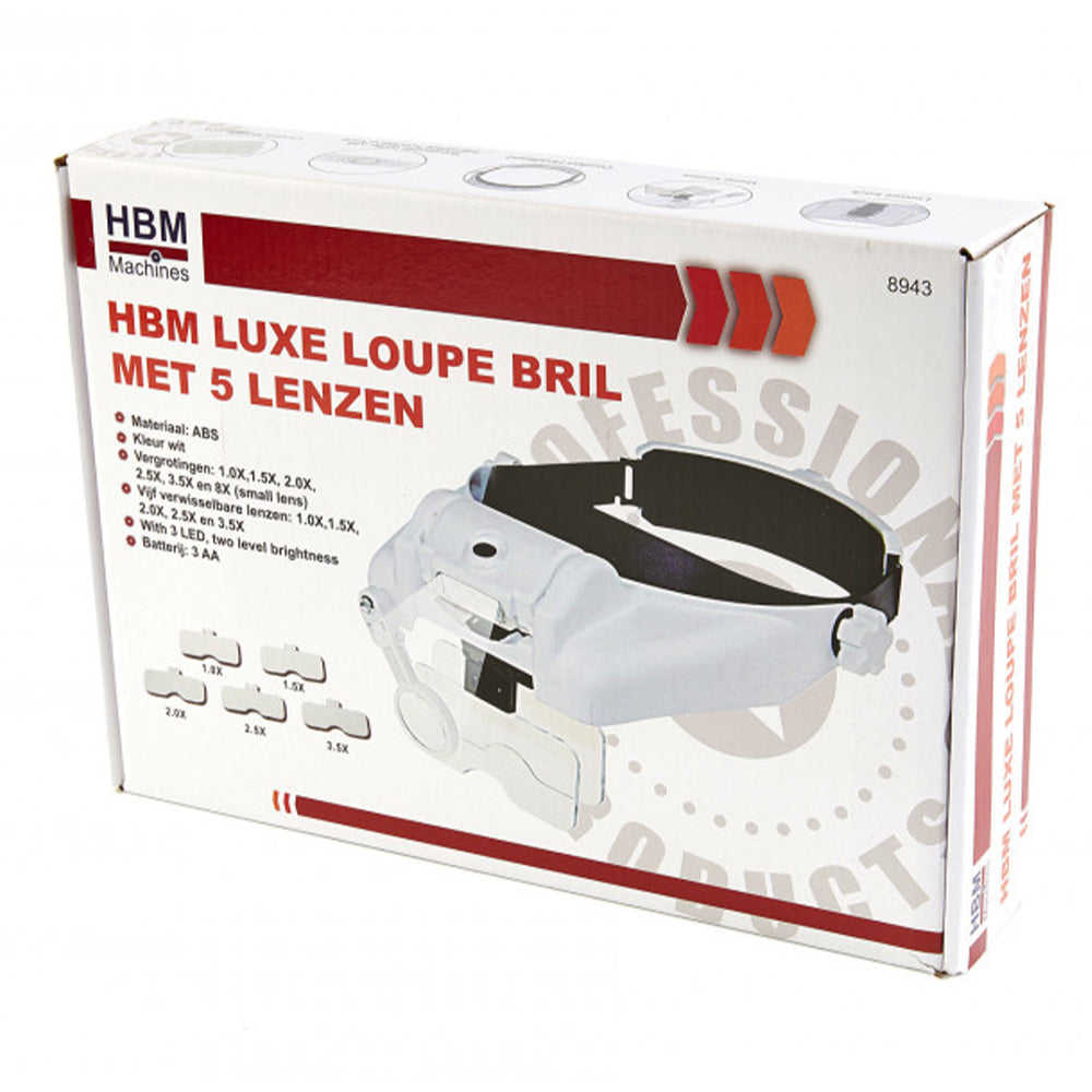 Occhiali con 5 lenti d’ingrandimento intercambiabili e luce LED Hbm