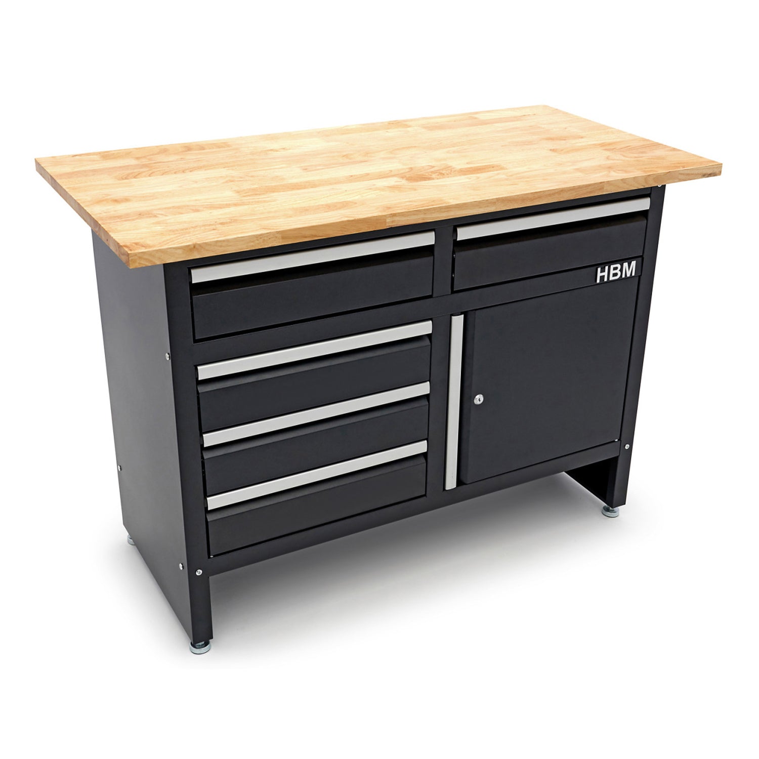 Banco da lavoro metallico 120 cm con 5 cassetti, 1 anta e piano in legno massiccio HBM capacità di carico 250 kg nero