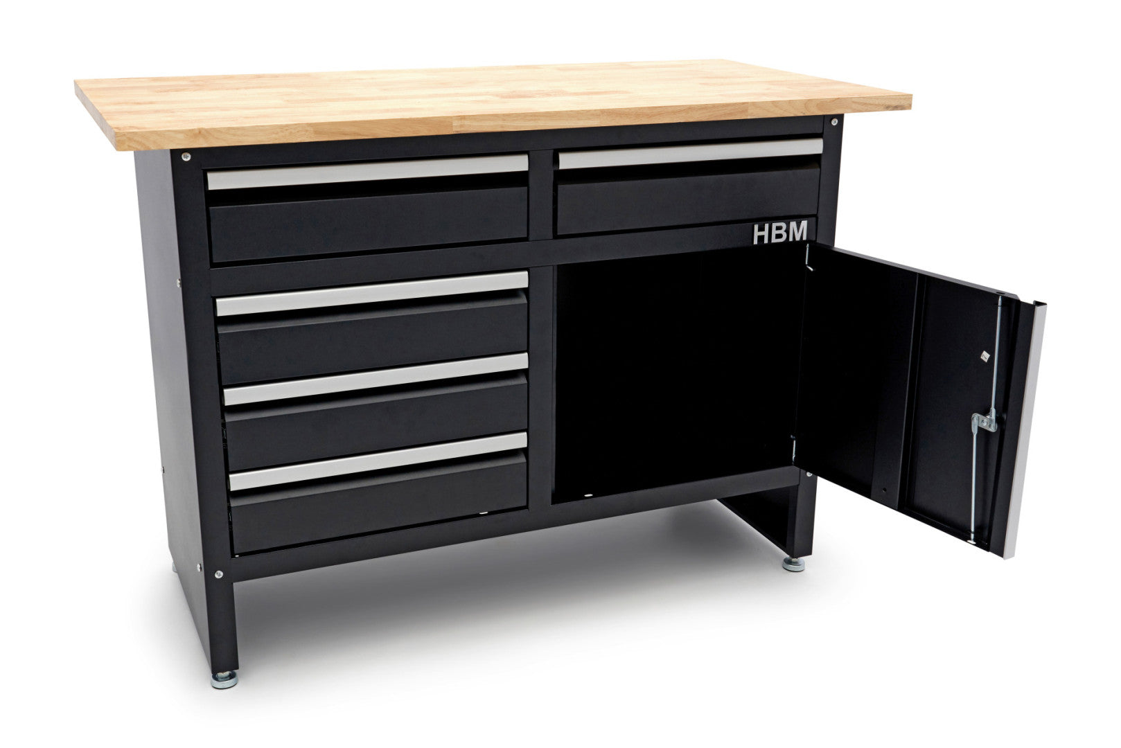 Banco da lavoro metallico 120 cm con 5 cassetti, 1 anta e piano in legno massiccio HBM capacità di carico 250 kg nero