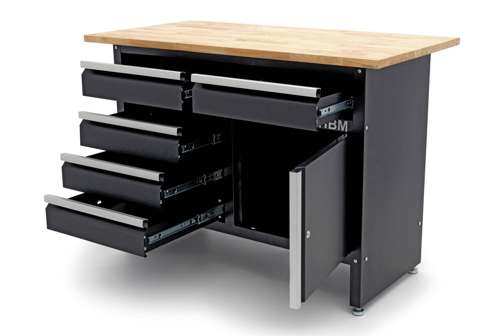 Banco da lavoro metallico 120 cm con 5 cassetti, 1 anta e piano in legno massiccio HBM capacità di carico 250 kg nero