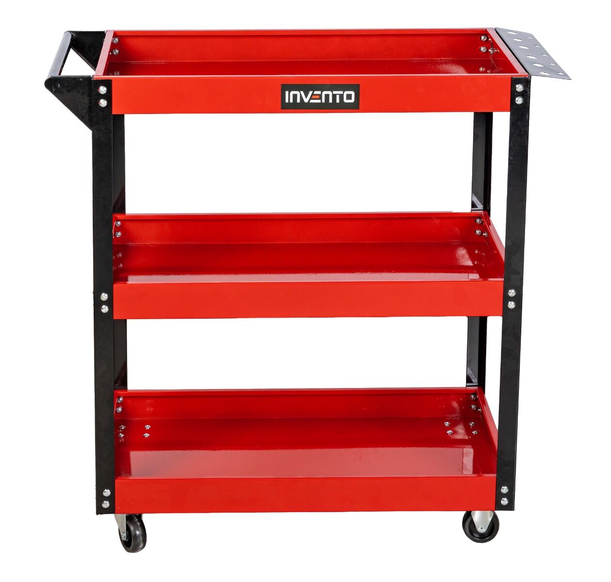 Carrello portautensili officina a 3 ripiani in acciaio, portata 140 kg, con maniglia, porta cacciaviti e ruote – rosso/nero, carrelli da officina portautensili, Invento
