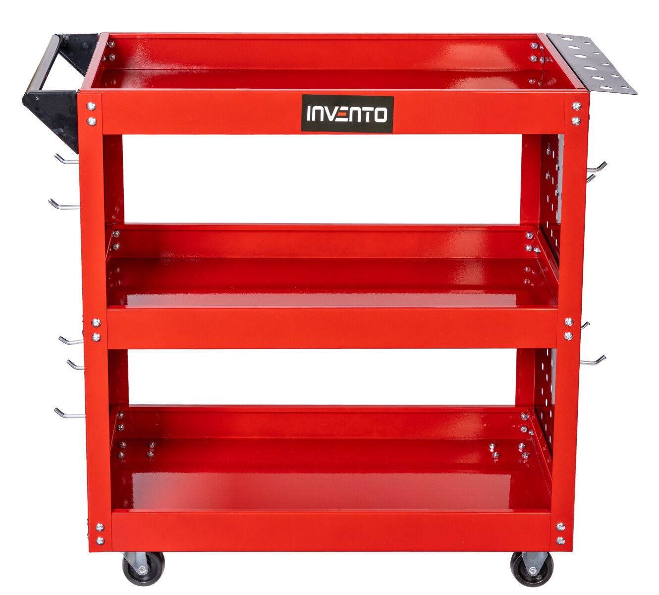 Carrello da officina a 3 ripiani, con pannelli forati, ganci laterali e supporto cacciaviti, ruote autobloccanti Invento