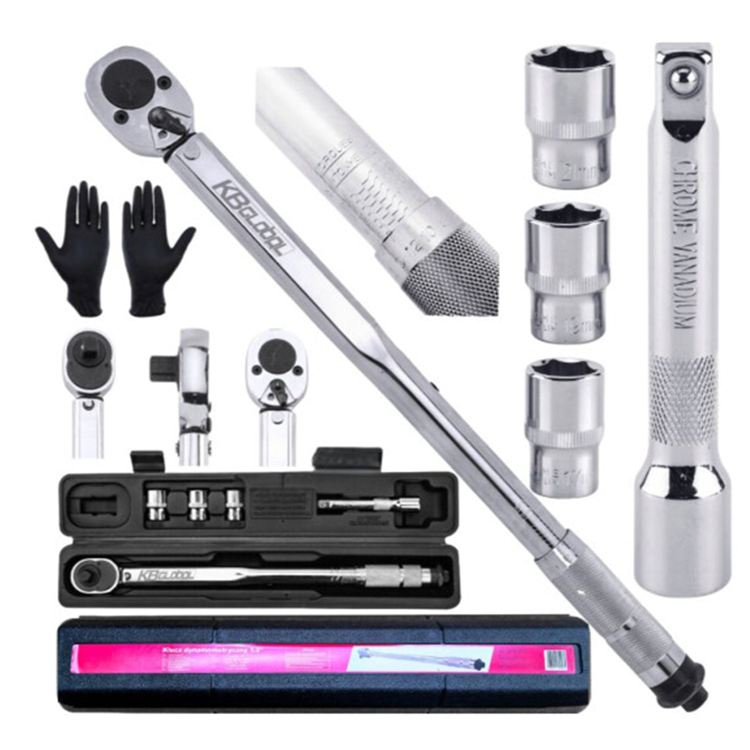 Set chiave dinamometrica 1/2", 5 pezzi, 28-210 Nm, bussole a impatto 17 19 21mm, con prolunga 1/2 Kbglobal