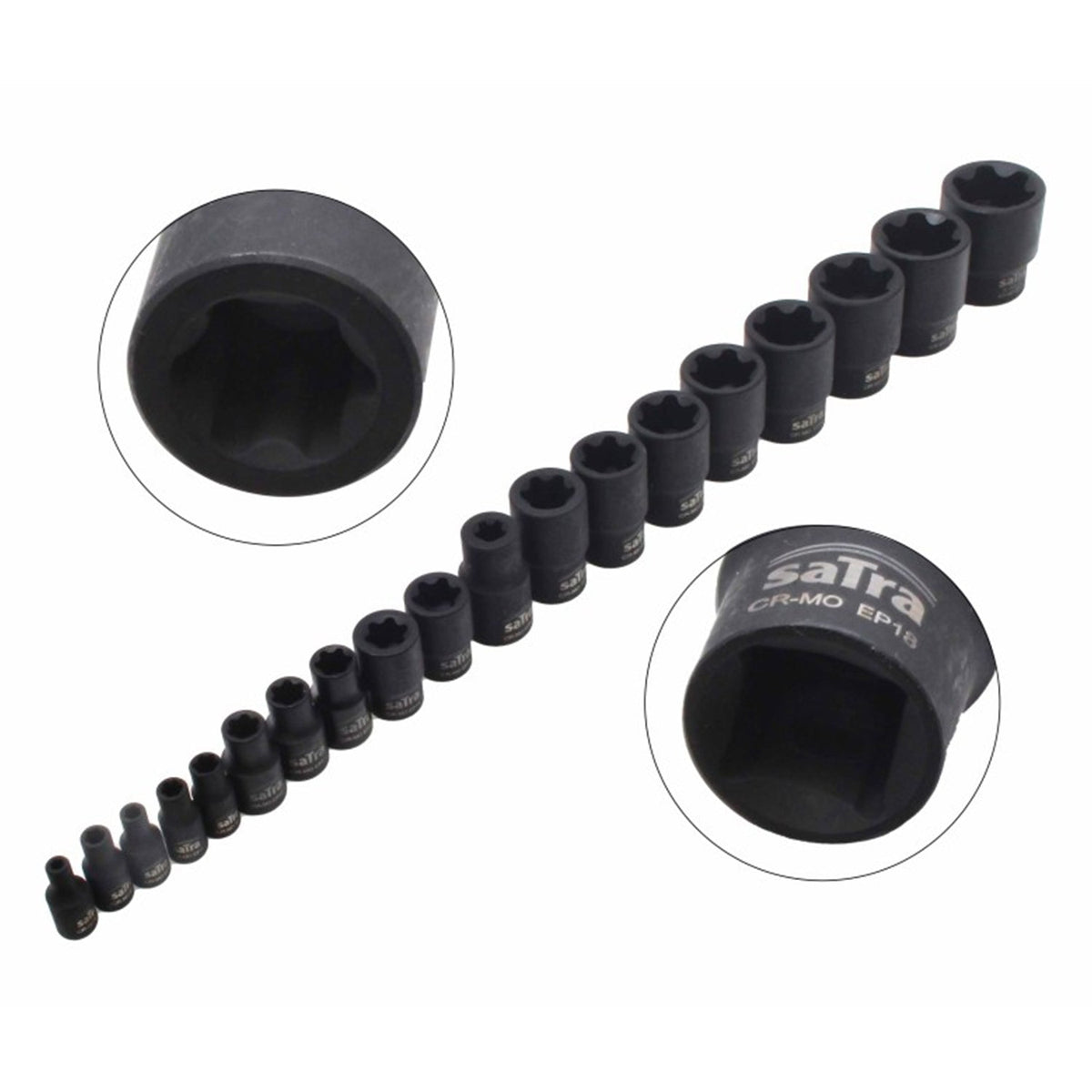 Set-kit bussole a impatto E-Torx E4–E32, 19 pezzi Satra