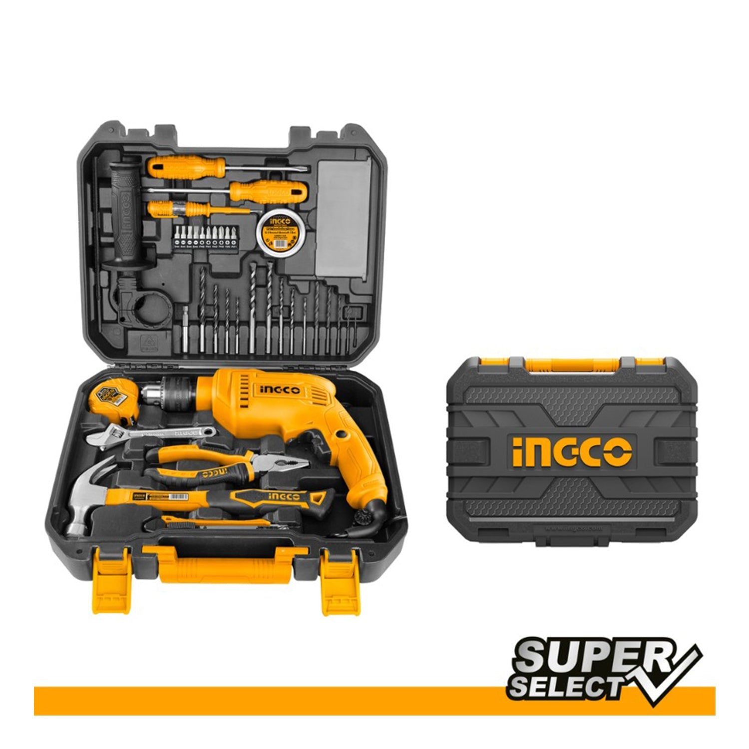 Cassetta attrezzi completa con trapano avvitatore batteria 680 W, 115 pezzi, set completo di punte, Ingco