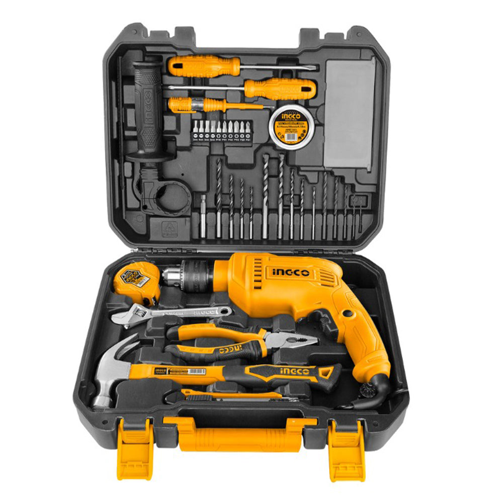Cassetta attrezzi completa con trapano avvitatore batteria 680 W, 115 pezzi, set completo di punte, Ingco