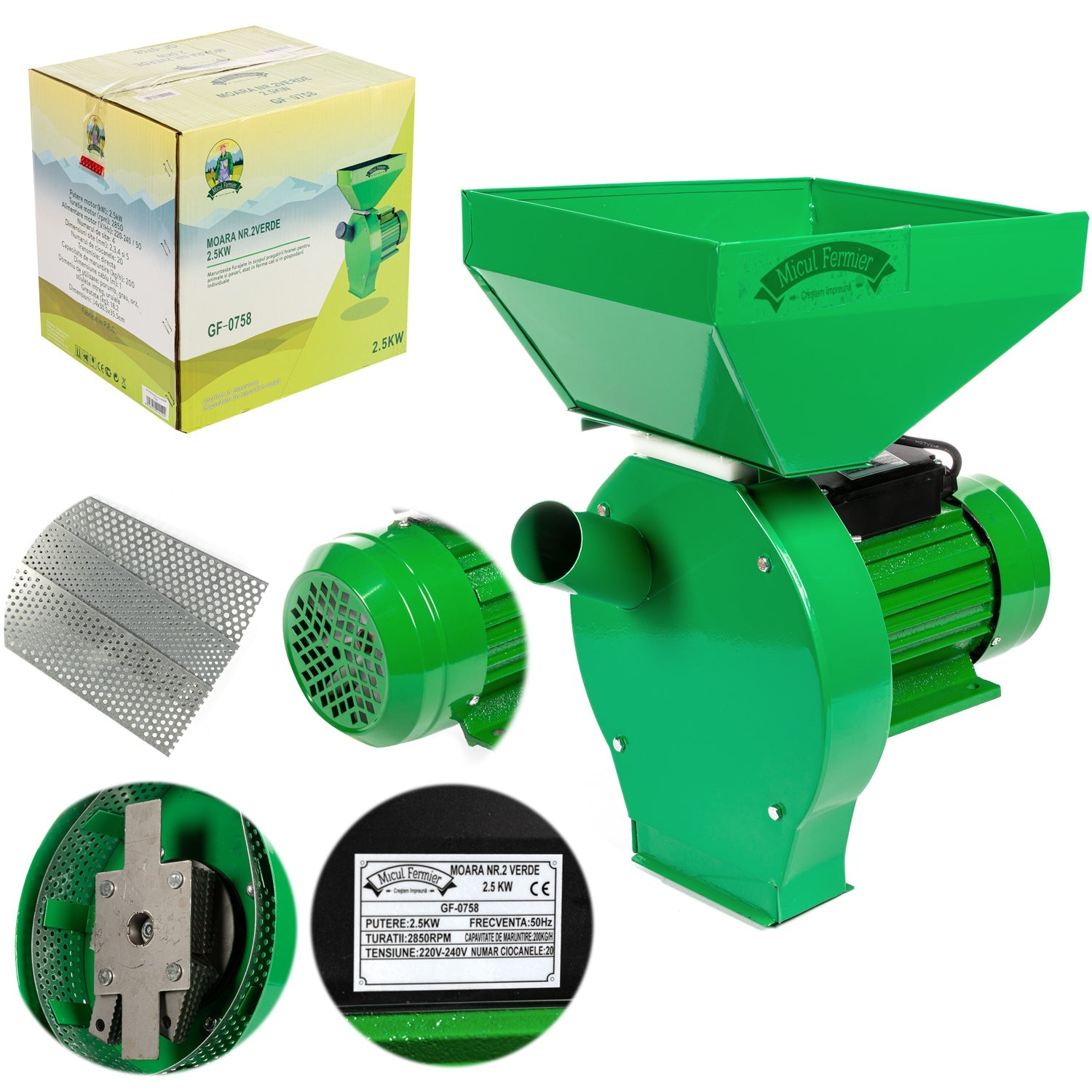 Mulino elettrico per cereali con motore da 2.5KW, portata 200 kg/h, quattro setacci e base, frantumatore, modello 3