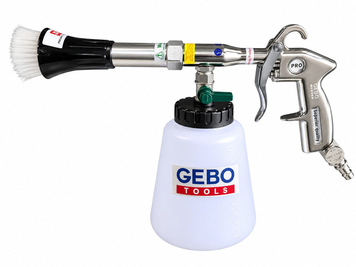 Kit pistola per soffiaggio a secco, pulizia, lavaggio interno auto ad aria compressa Tornador,con adattatore vacuum, serbatoio da 1 litro , Gebo Tools